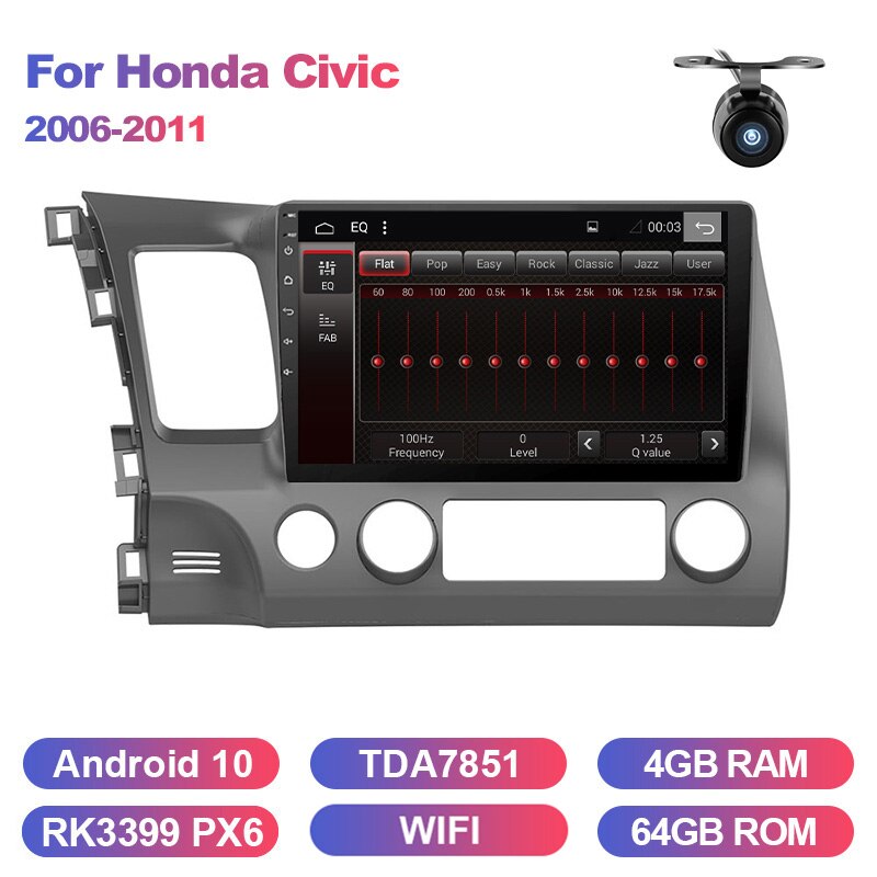 Eunavi 4G+64G 2 DIN Car Radio Multimedia Player For Honda Civic 2006-2011 4G Tablet PC 10.1 inch Screen Navigator GPS Android 10