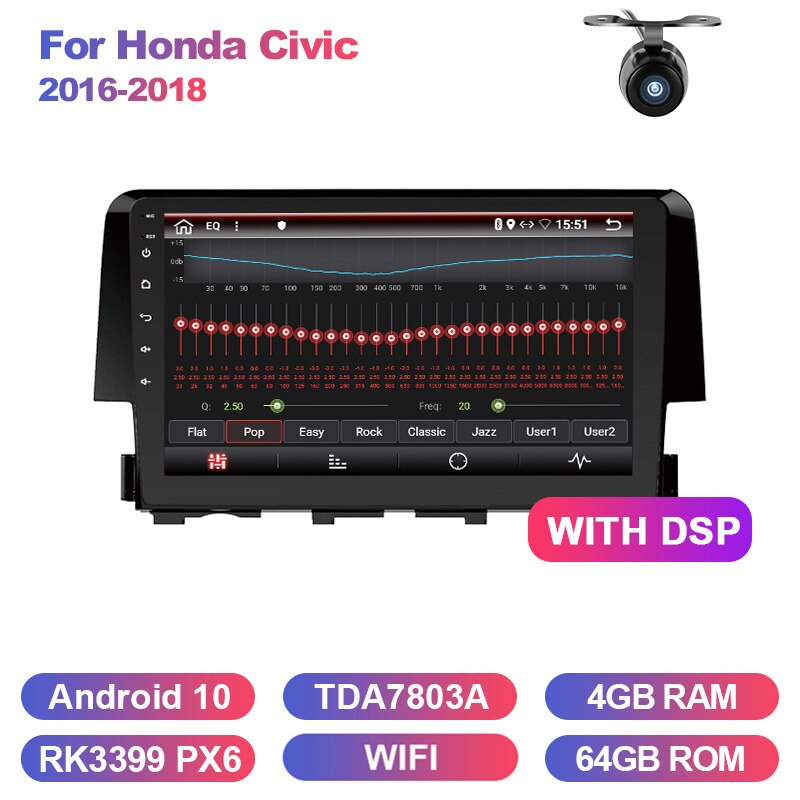 Eunavi 2 DIN Car Radio headunit For Honda Civic 2016 2017 2018 radio stereo multimedia player Android 10 TDA7850 NO DVD GPS