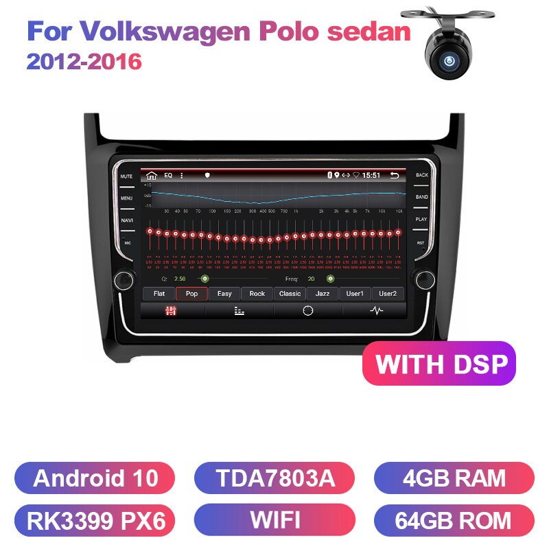 Eunavi 2 Din Android 10 Car Radio GPS Stereo For VW Polo sedan 2012-2016 navigation multimedia player 8 core 4G 64G TDA7851