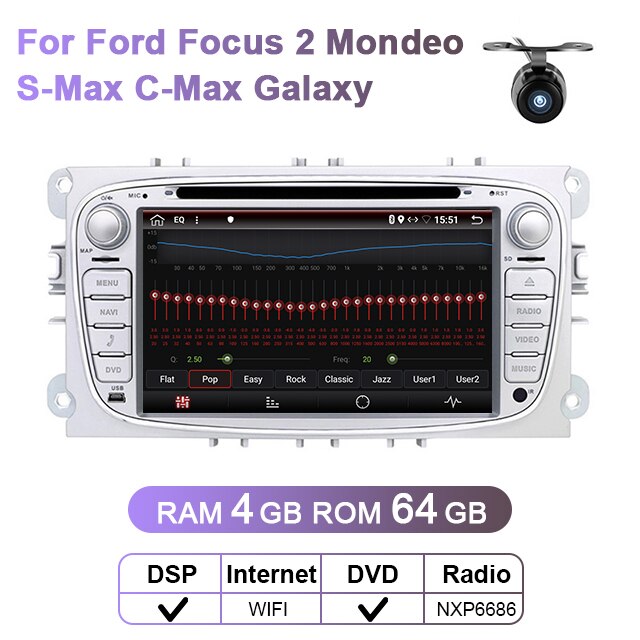 Eunavi 2 Din Android Car DVD Multimedia Player GPS for FORD Focus 2 II Mondeo S-MAX C-MAX Galaxy 2Din 4G 64GB Touch screen