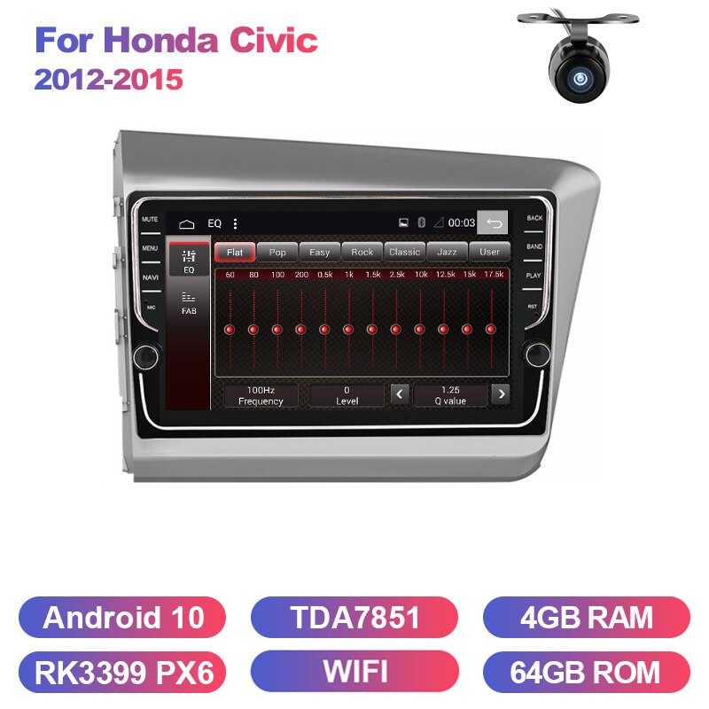 Eunavi 4G 64G Android 10 Car Radio Multimedia Video Player Navigation GPS For Honda Civic 2012-2015 2 din dvd raido PX6