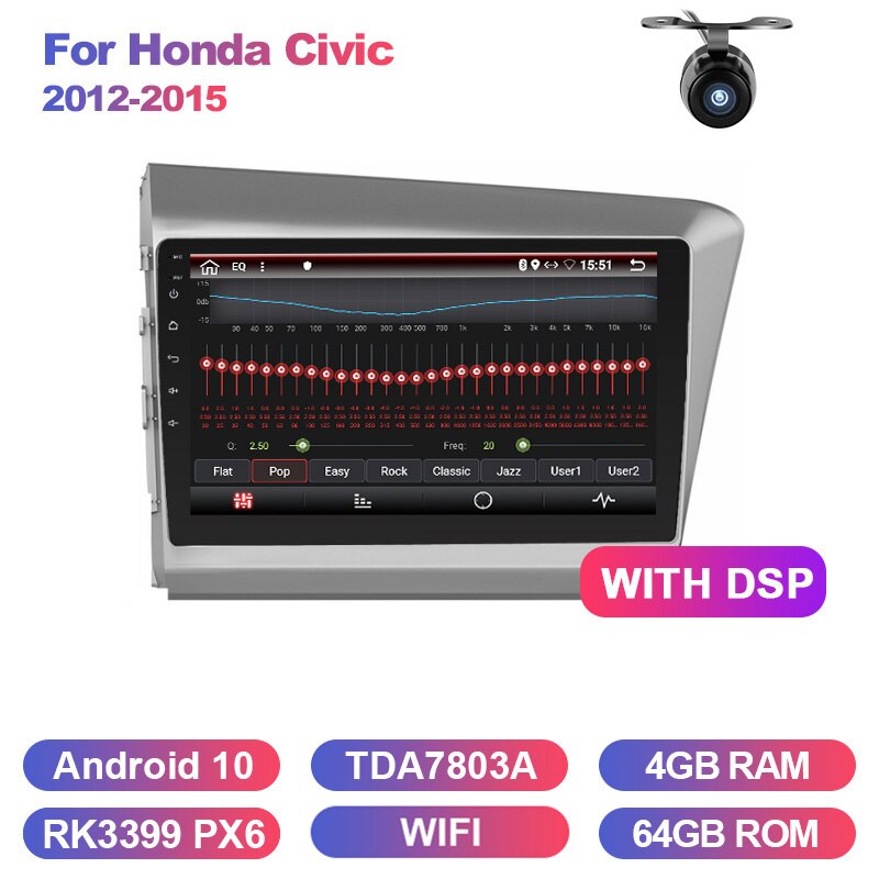 Eunavi Car Radio Multimedia Video Player Navigation GPS For Honda Civic 2012-2015 2 din dvd raido PX6 4G+64G Android 10