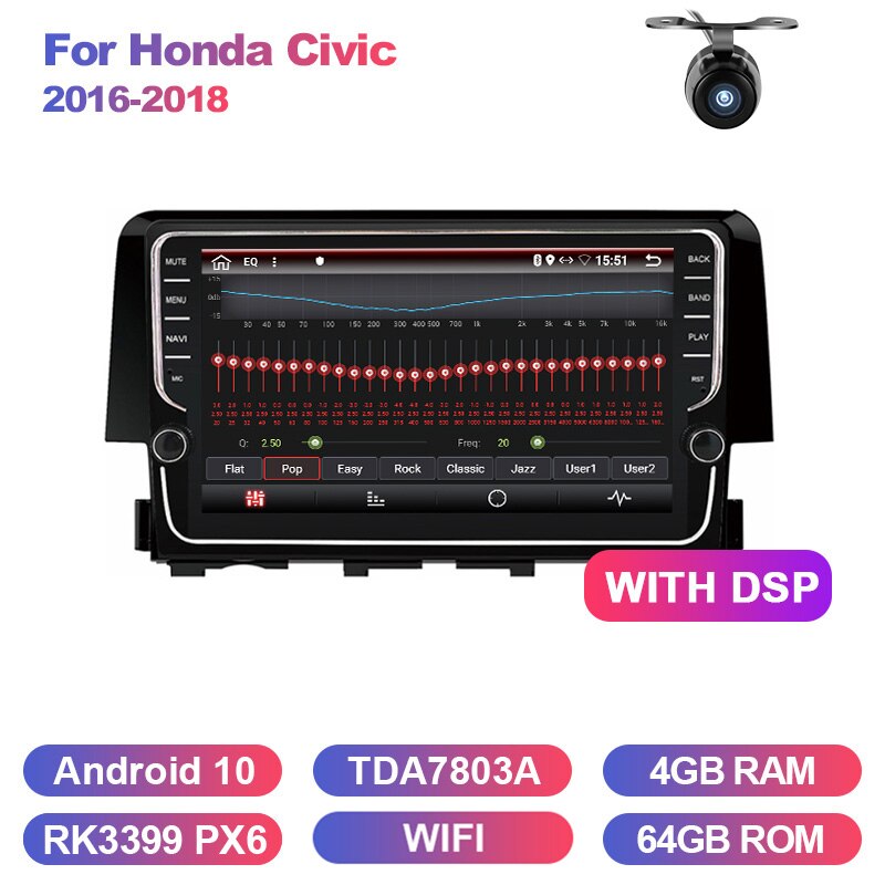 Eunavi 2 DIN Android 10 Car GPS headunit For Honda Civic 2016 2017 2018 radio stereo multimedia player 4G 64G TDA7850 NO DVD