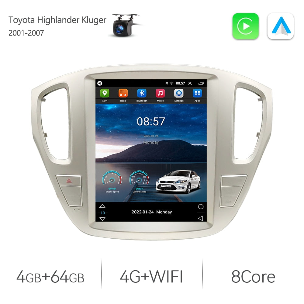Eunavi Tesla Style Android 11 Car Radio For Toyota Highlander Kluger 2001-2007 12.1" Car Stereo GPS Navigation Carplay BT