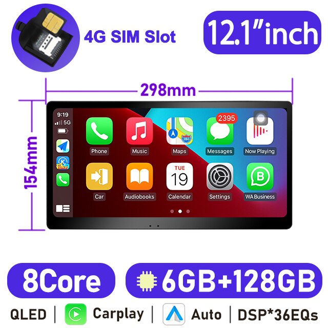 Eunavi 12.1'' QLED Screen 2 DIN Android Auto Radio Stereo Universal Car Multimedia Video Player GPS Navi Carplay DSP Autoradio