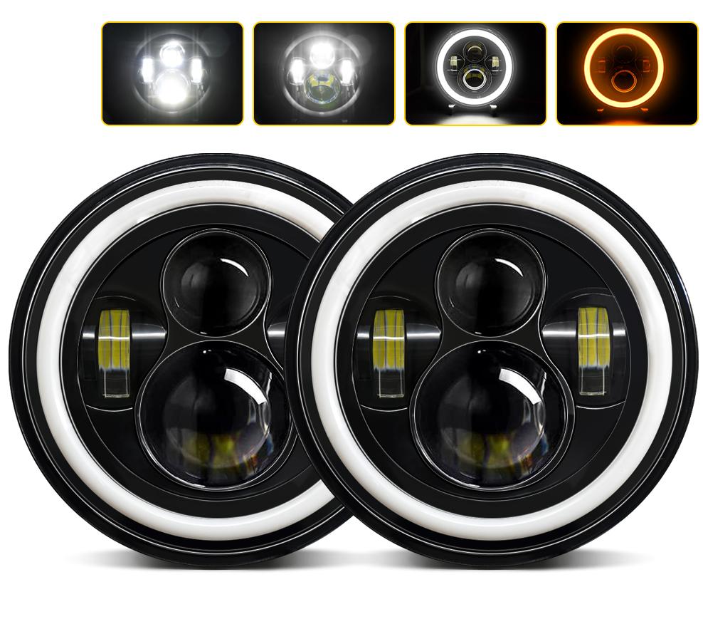 New 7 Inch Led Headlight H4 DRL Round 7'' Headlights With Yellow & White Angel Eye For Jeep Wrangler Lada Niva 4x4 200W