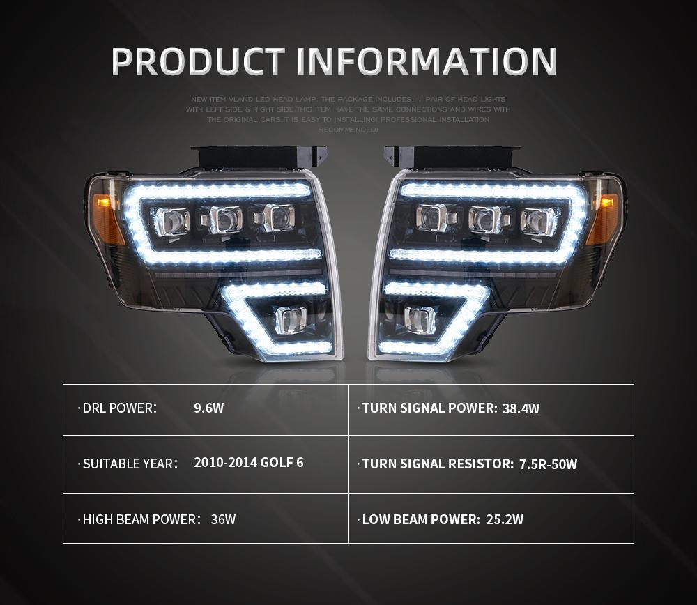 Vland Car Lamp Assembly For Ford F-150 2009-2014 Headlights With Start Up Animation DRL Raptor Front Lamp Full LED Projector