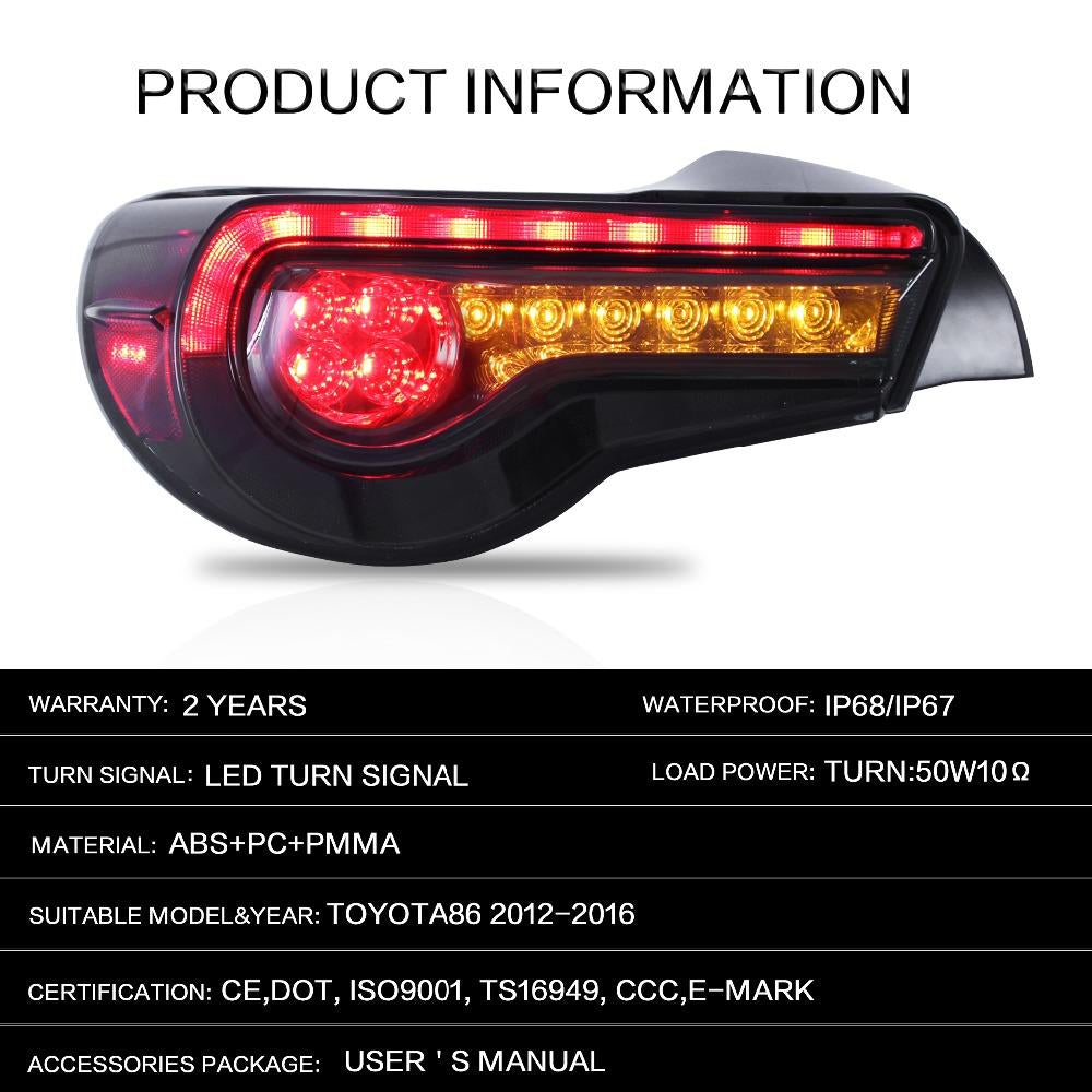 VLAND Tail Lights Assembly For Toyota 86 2012-UP Tail Lamp For Subaru BRZ/Scion FRS 2012-2019 With Moving Turn Signal Light