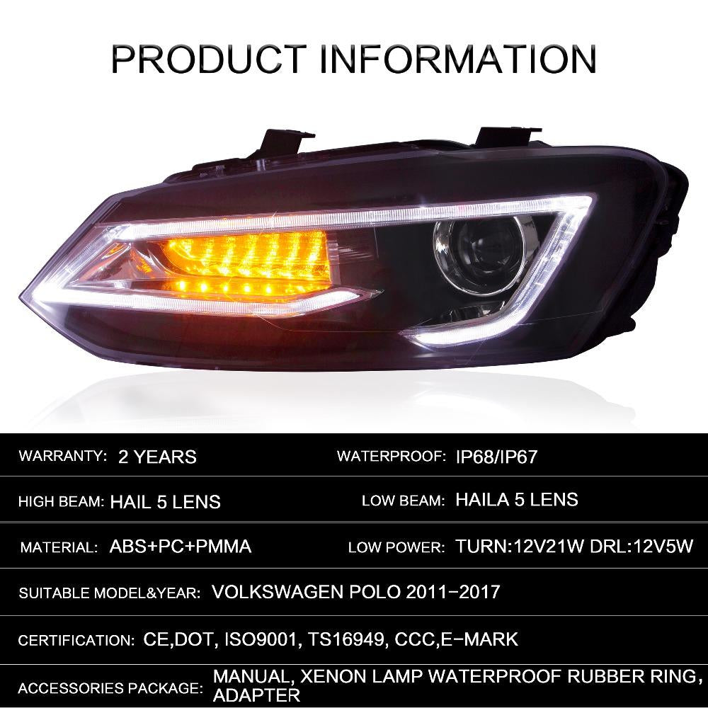 VLAND Headlamp Car Headlight Assembly For Volkswagen Polo 2011-2017 Head Light With Moving Turn Signal Dual Beam Lens