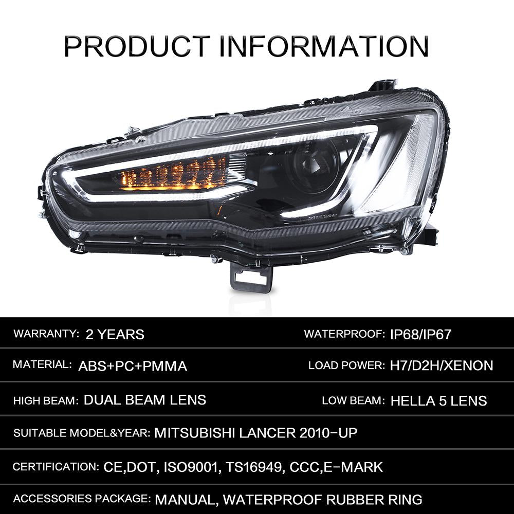 VLAND Headlamp Car Headlights Assembly For 2008-2018 Mitsubishi Lancer EVO X Head Light With Moving Turn Signal Dual Beam Lens
