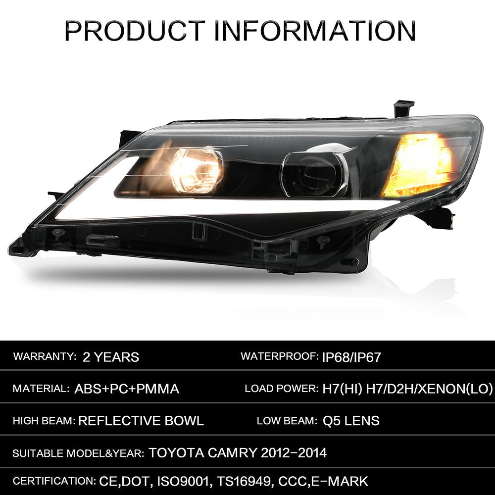 VLAND Headlamp Car Headlights Assembly for Toyota Camry 2012 2013 2014 Headlight with DRL moving turn signal Plug-and-play