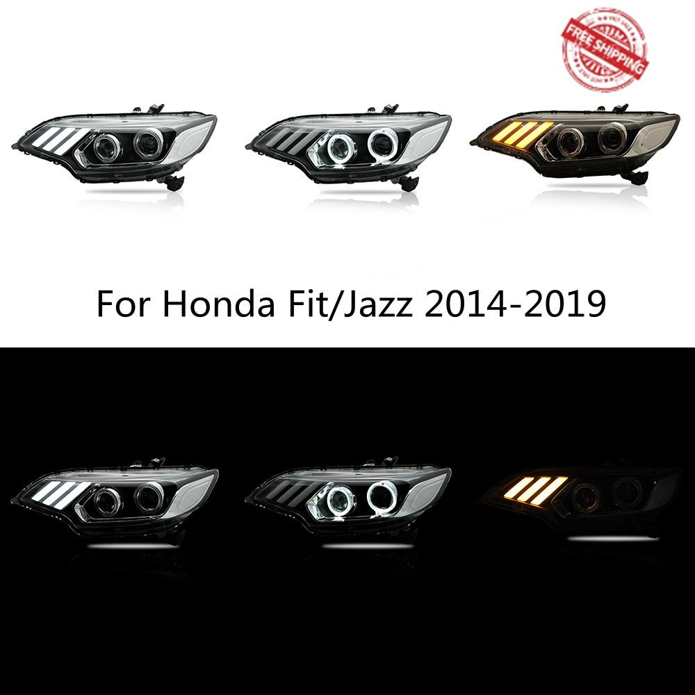 VLAND Headlamp Car Headlights Assembly For Honda Fit/Jazz 2014-2019 Headlight LED DRL With Moving Turn Signal Dual Beam Lens