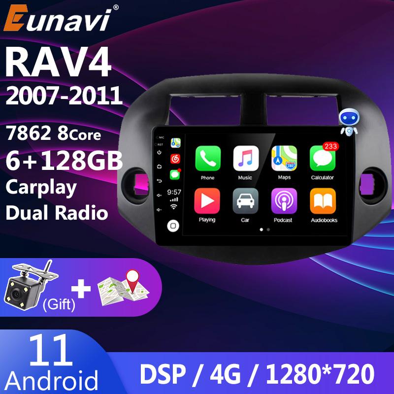 Eunavi Car Radio Android 11 QLED Screen For Toyota RAV4 2007 - 2011 Stereo Multimedia Video Player GPS Carplay 4G DSP DVD 2 DIN