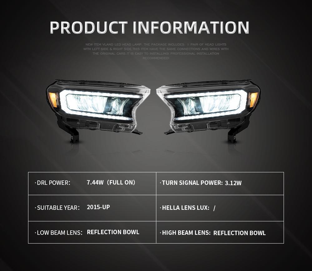 Vland Headlamp Car Assembly For Ford Ranger 2015 2016 2017 2018 2019 2020 Headlights Full LED Front Lamp Sequential Turn Signal