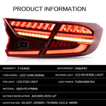 Cargar imagen en el visor de la galería, VLAND Tail lights Assembly for Honda Accord 2018 2019 Taillights Tail Lamp with Turn Signal Reverse Lights DRL light