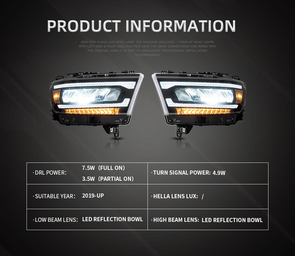 Vland Car Lamp Assembly For Dodge RAM 1500 2019-UP Hedalamp Full LED DRL Front Headlights With Sequential Yellow Turn Signal