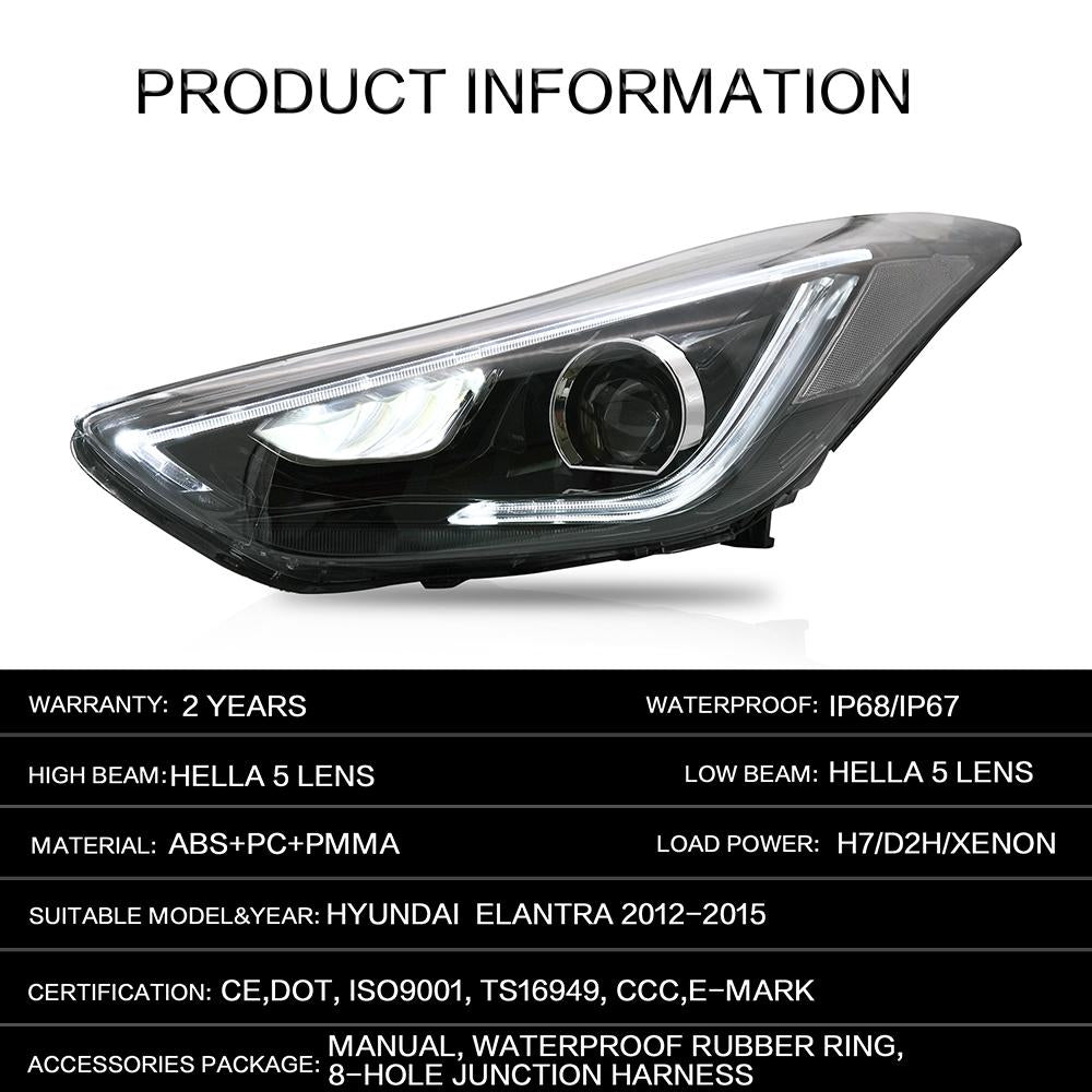 VLAND Headlamp Car Headlight Assembly for 2011-2016 Hyundai Elantra Coupe 2013-2014 Head light moving turn signal Dual Beam Lens