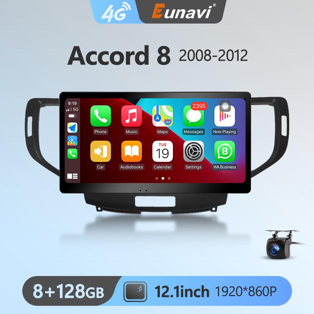 Eunavi 12.1'' QLED 4G 2 DIN Android Auto Radio GPS For Honda Accord 8 2008 2009 2010 2011 2012 Car Multimedia 8G 128G Carplay
